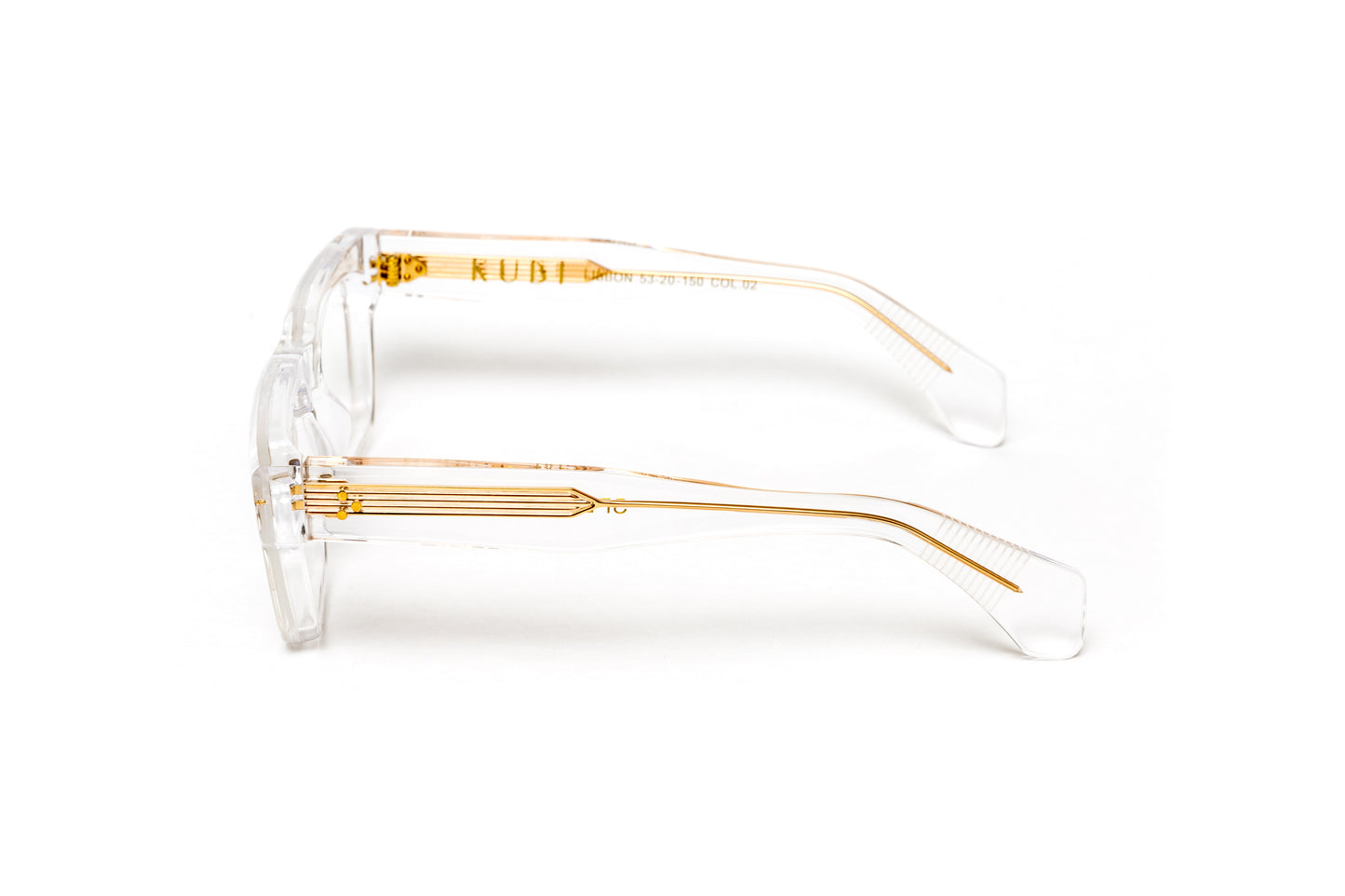 side view of men's thick clear acetate glasses with 18 karat gold wire core