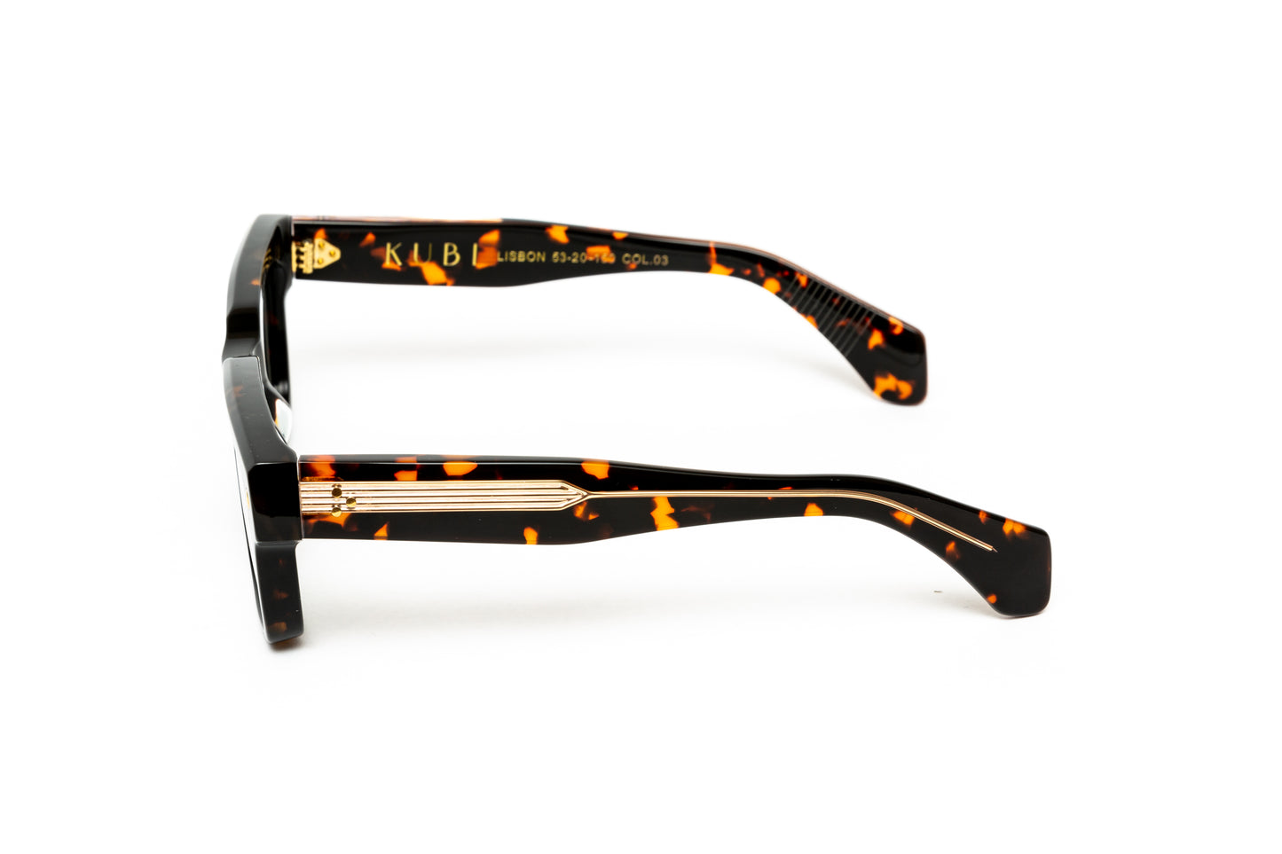 side views of men's chunky tortoiseshell acetate eyeglasses with 18 karat gold wire core comparable to cutler and gross