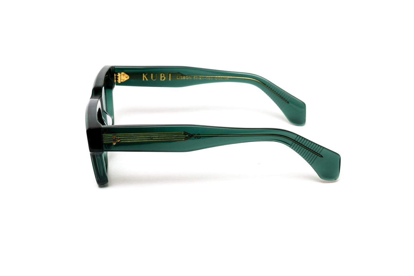 side view men's transparent green acetate eyeglasses with 18 karat gold wire core
