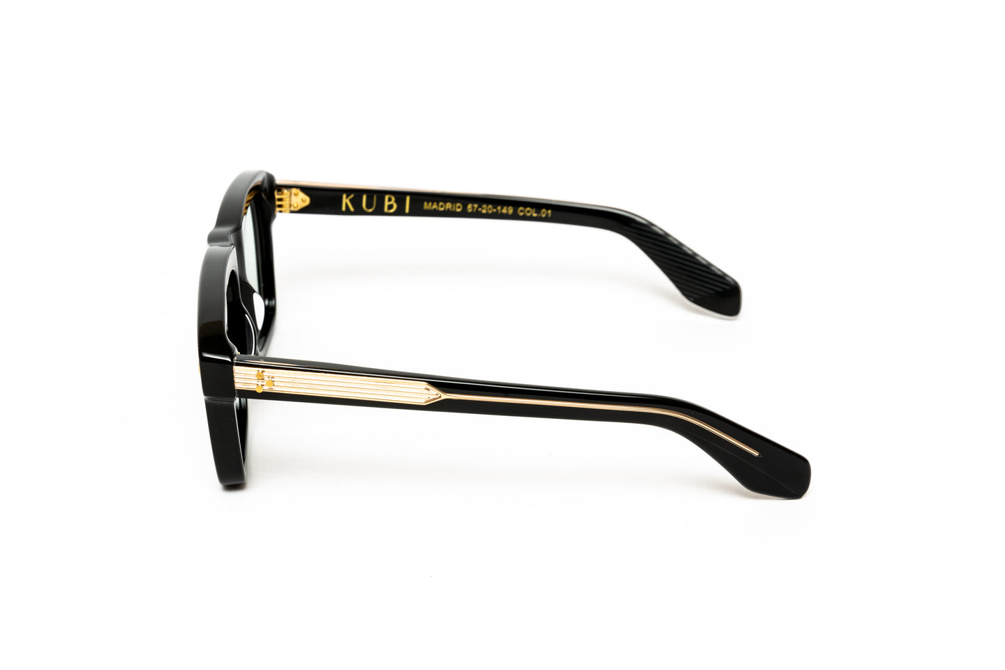 side view of men's thick acetate aviator eyeglasses with 18 karat gold plated rivets and wire core.