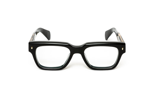 side view of men's square thick black acetate glasses with 18 karat gold wire core similar to cutler and gross