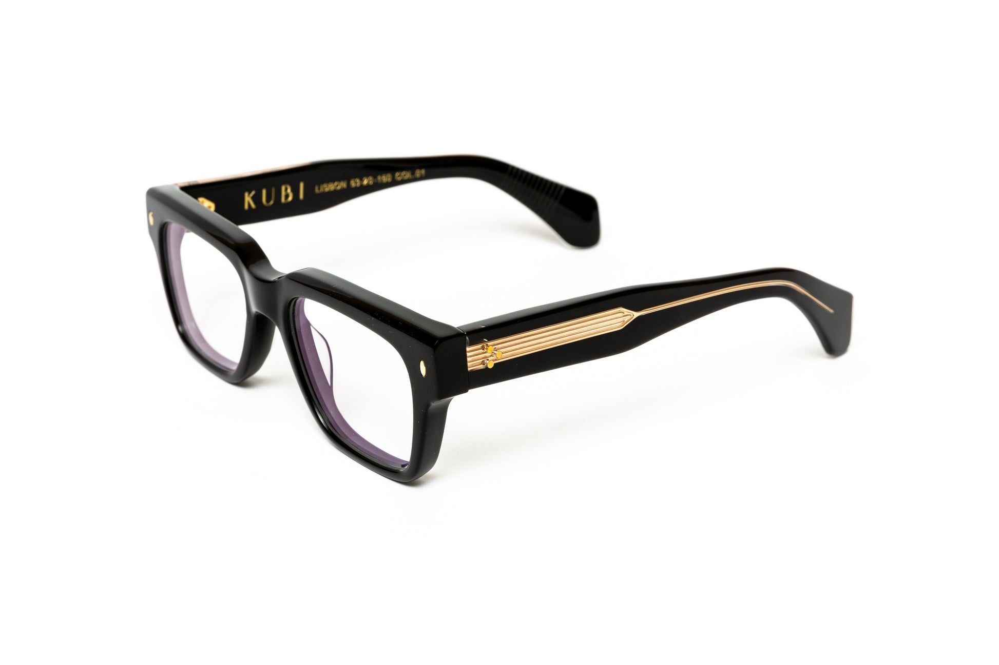 side view of men's square thick black acetate glasses with 18 karat gold wire core comparable to cutler and gross