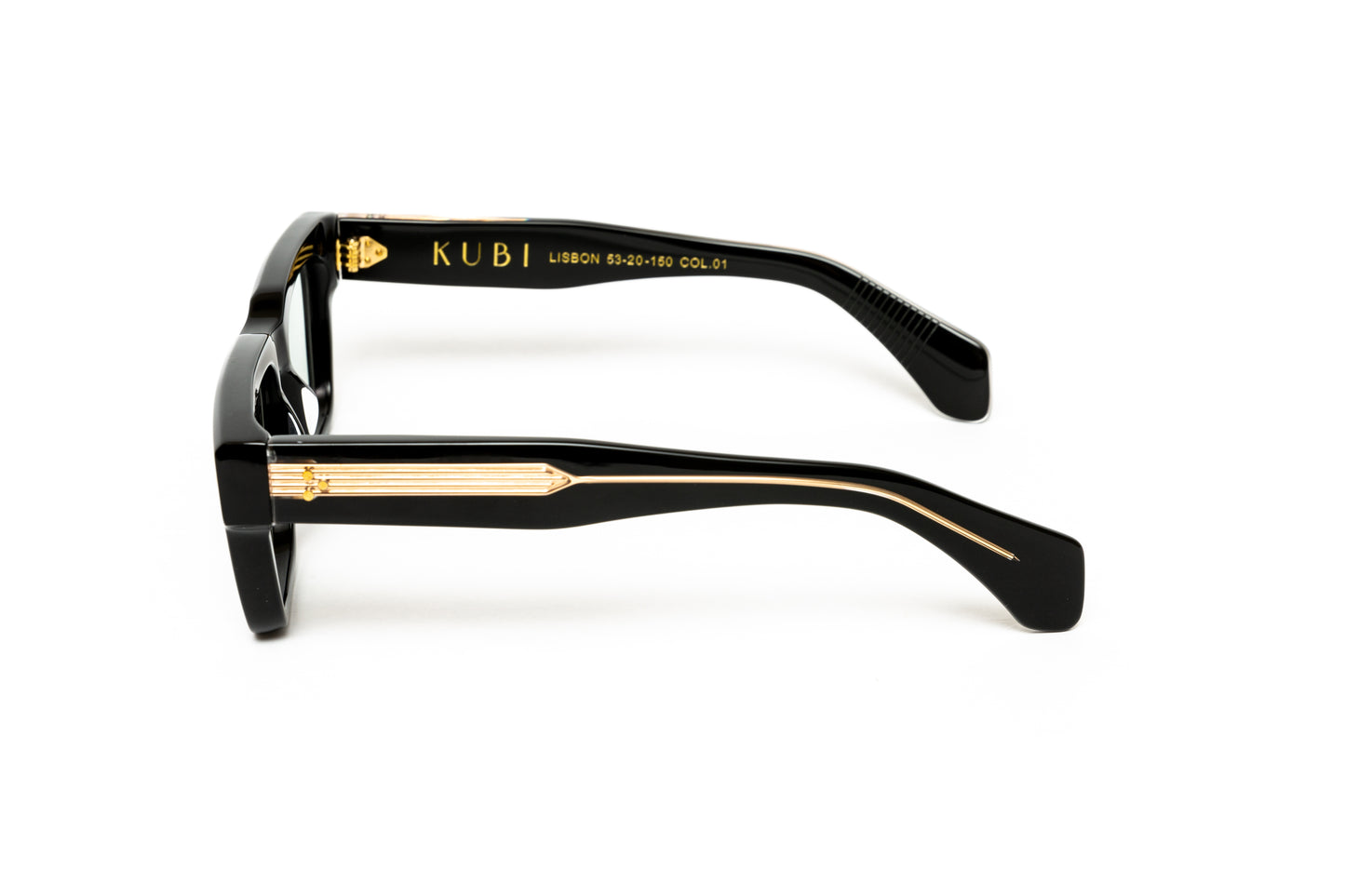 side view of men's square thick black acetate glasses with 18 karat gold wire core
