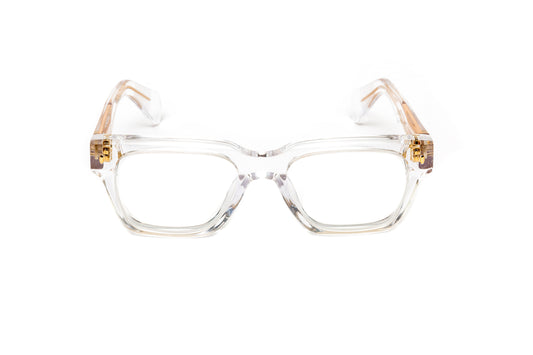 front view of men's square thick clear acetate glasses with 18 karat gold wire core