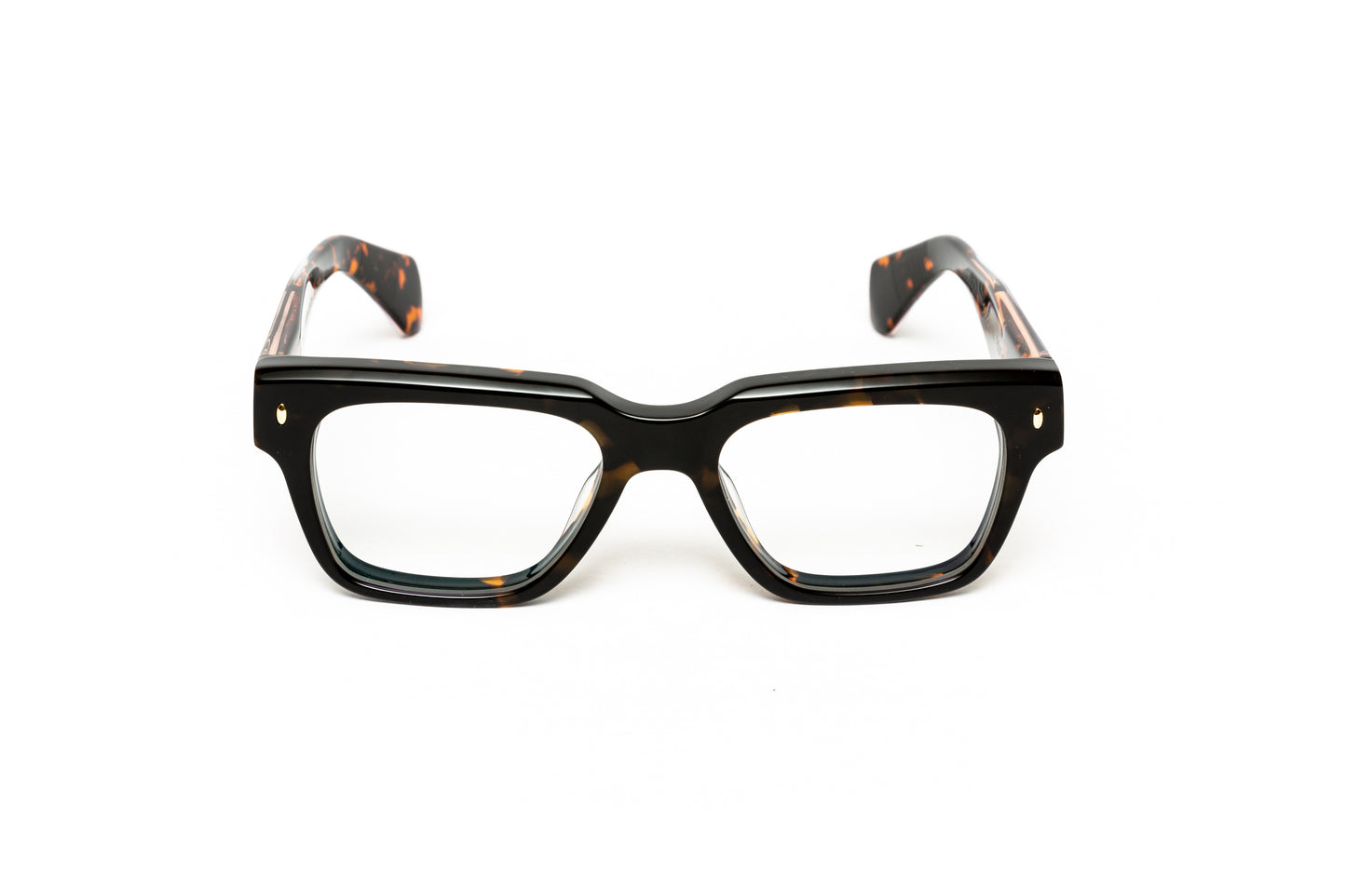front views of men's chunky tortoiseshell acetate eyeglasses with 18 karat gold wire core comparable to cutler and gross
