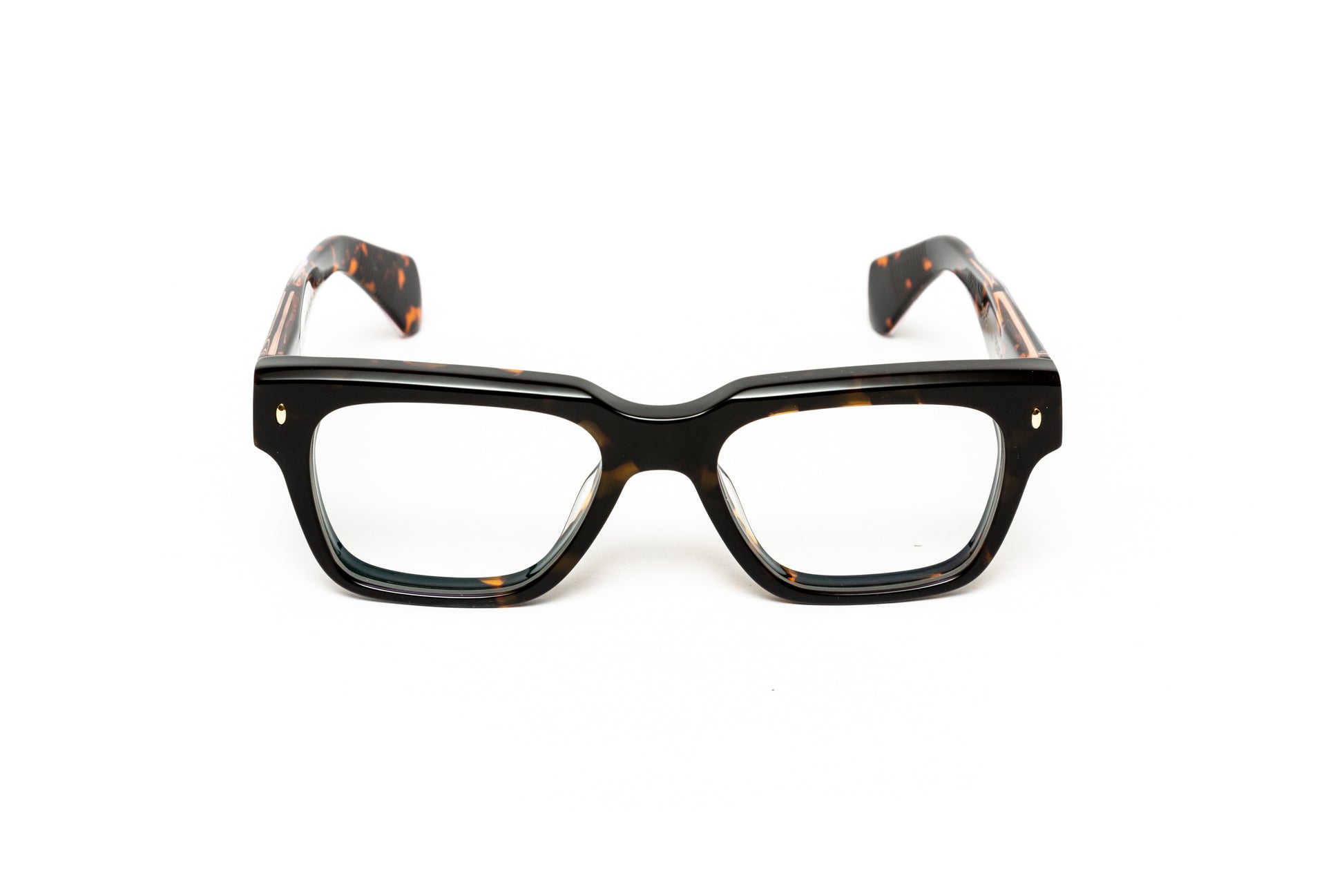 front views of men's chunky tortoiseshell acetate eyeglasses with 18 karat gold wire core comparable to cutler and gross