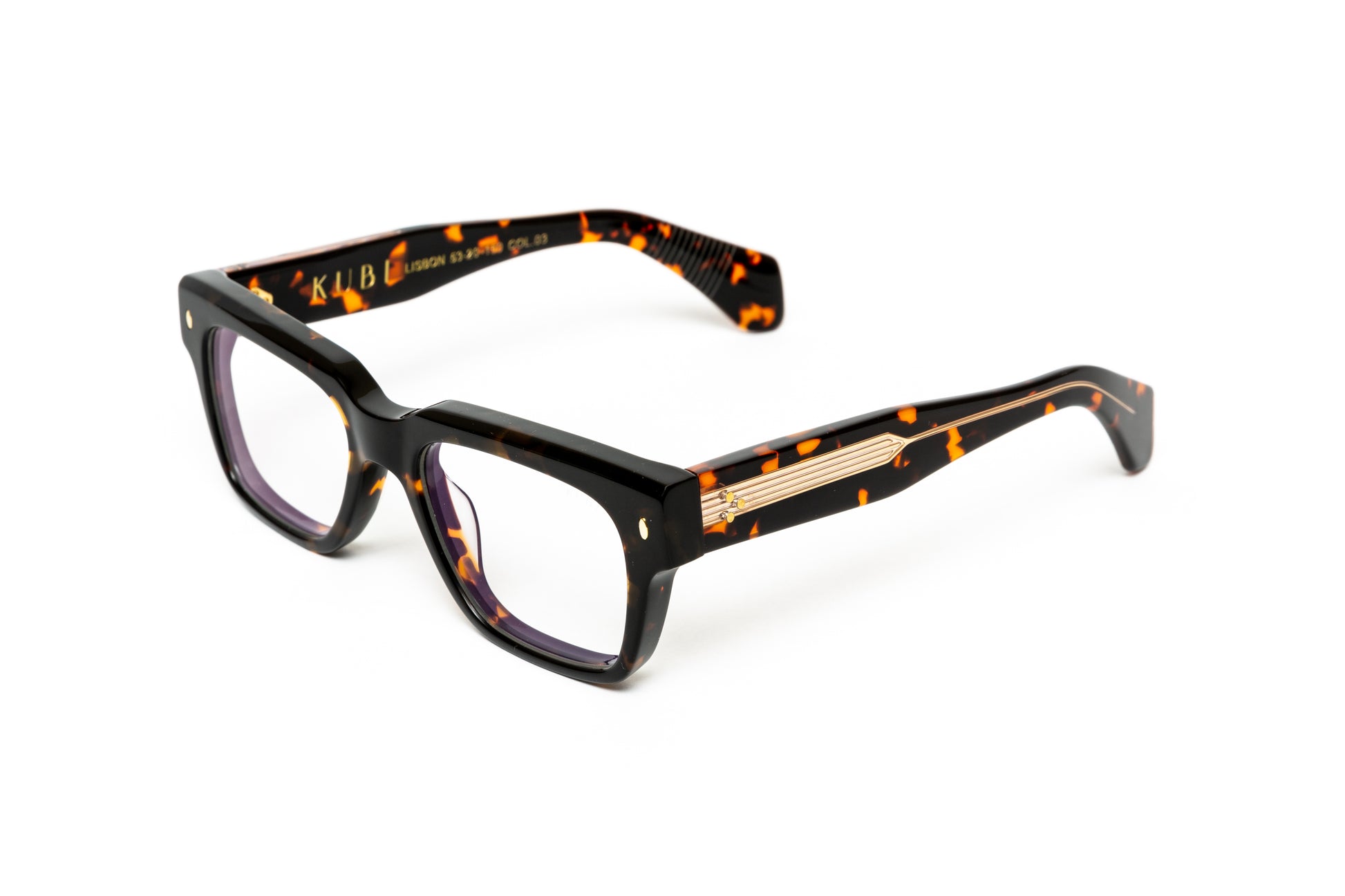 side views of men's chunky tortoiseshell acetate eyeglasses with 18 karat gold wire core comparable to cutler and gross