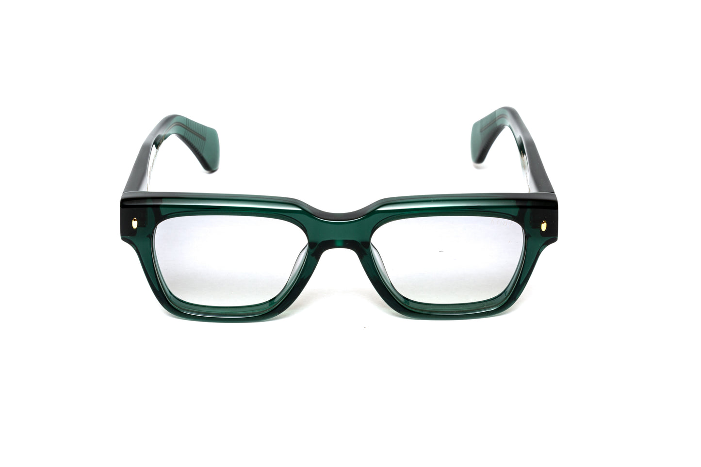 front view men's transparent green acetate eyeglasses with 18 karat gold wire core 