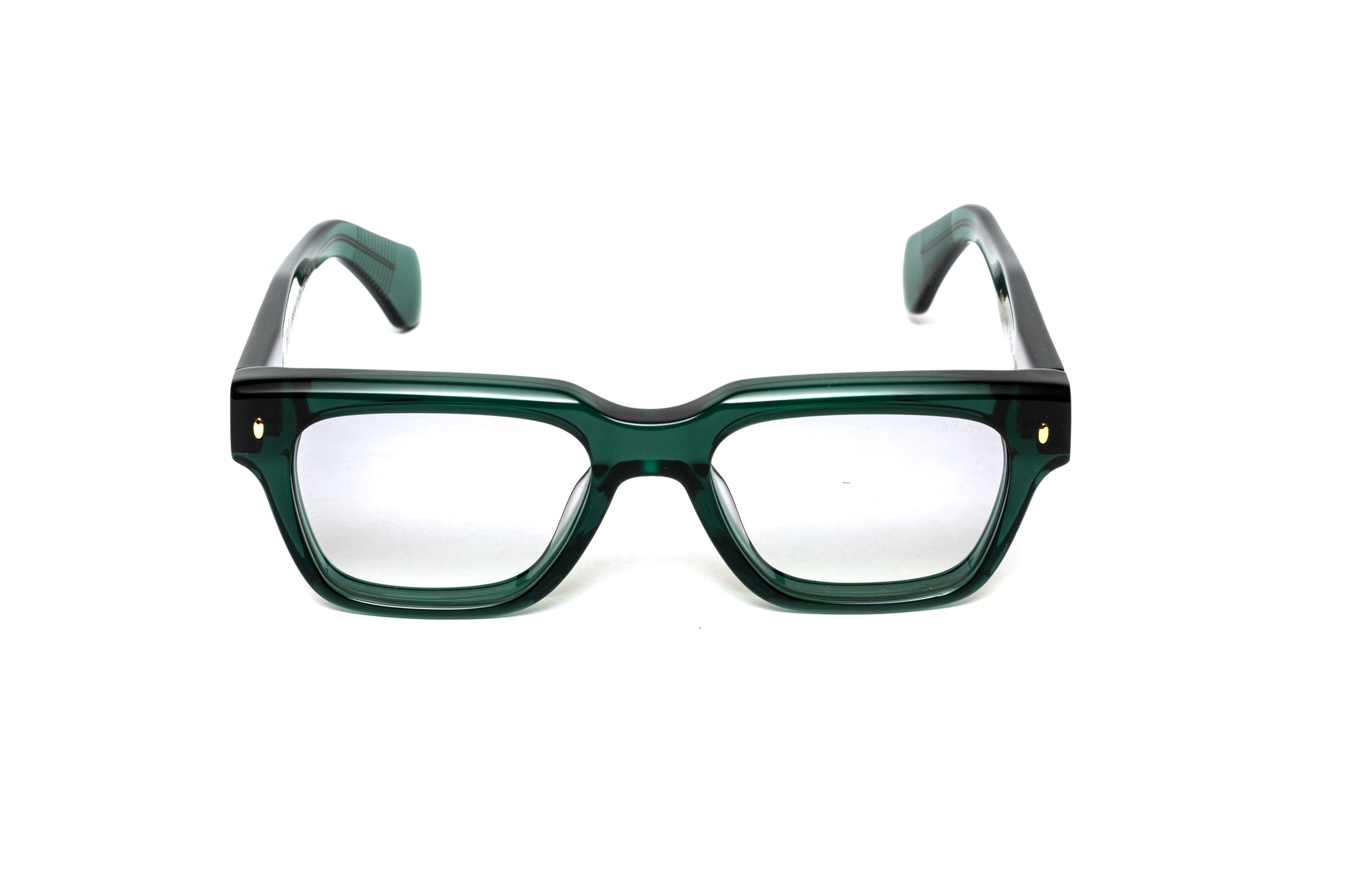 front view men's transparent green acetate eyeglasses with 18 karat gold wire core 