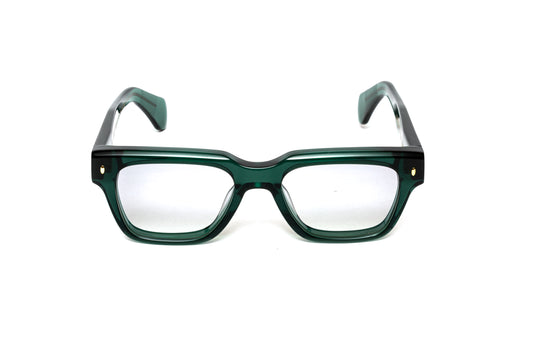 front view men's transparent green acetate eyeglasses with 18 karat gold wire core 
