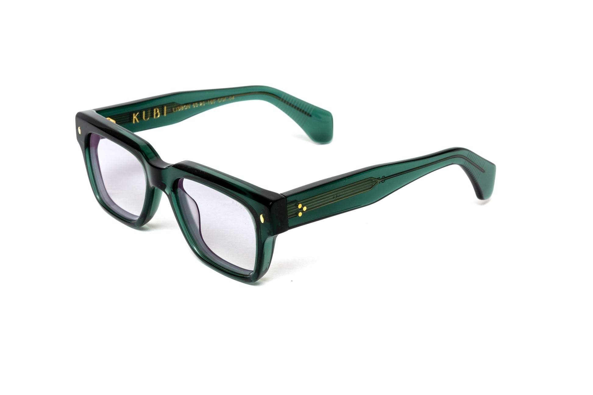 side view men's transparent green acetate eyeglasses with 18 karat gold wire core 
