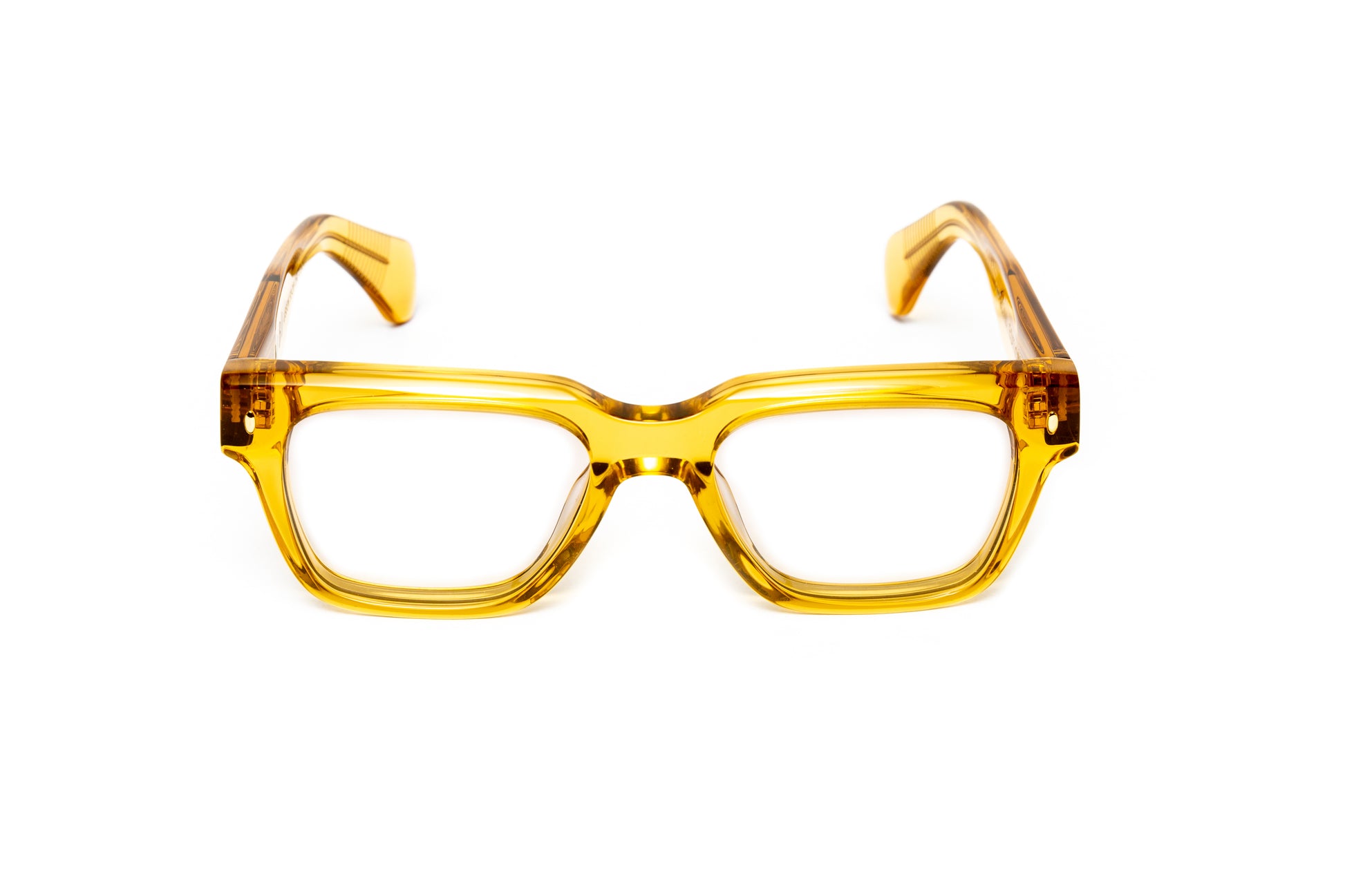 front view of men's square transparent yellow acetate glasses with 18 karat gold wire core