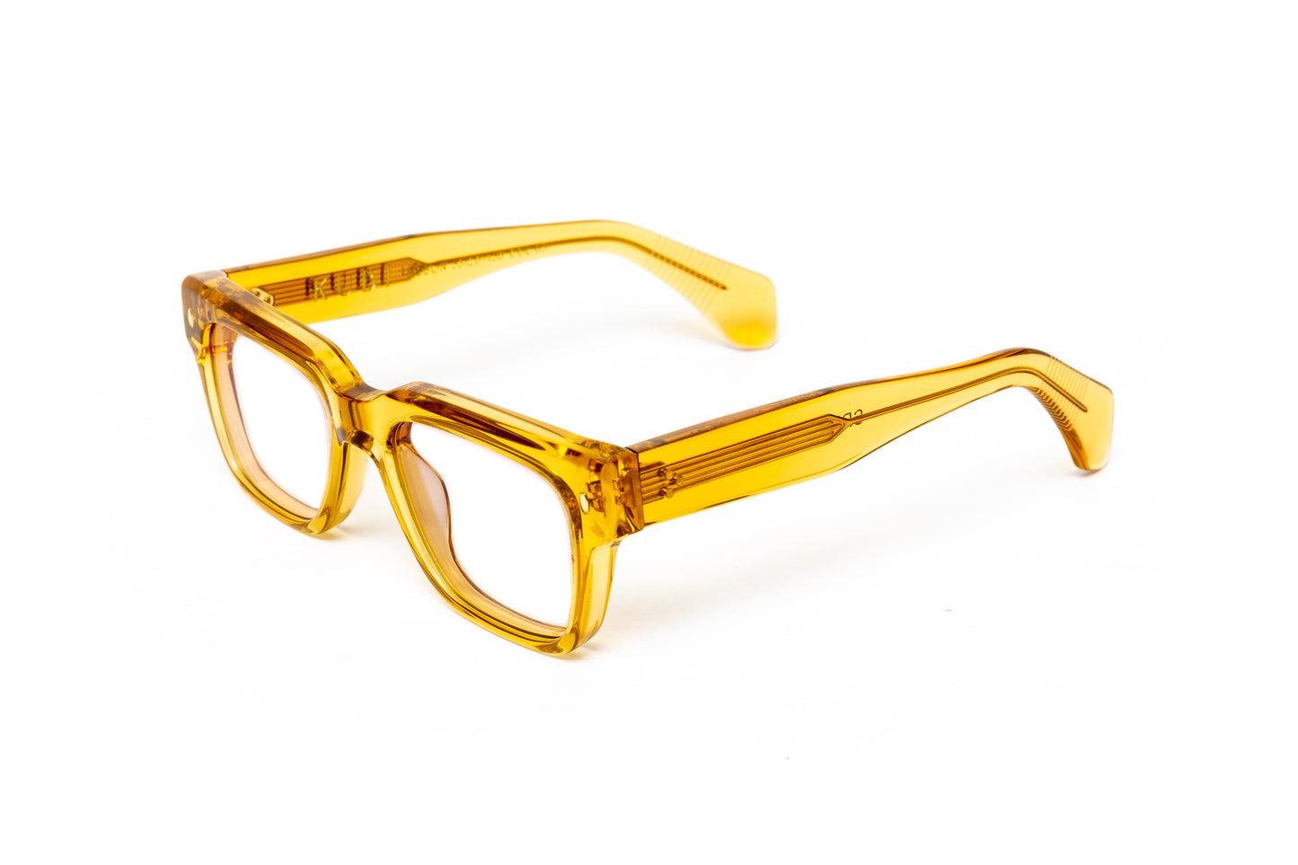 side view of men's transparent yellow acetate glasses with 18 karat gold wire core
