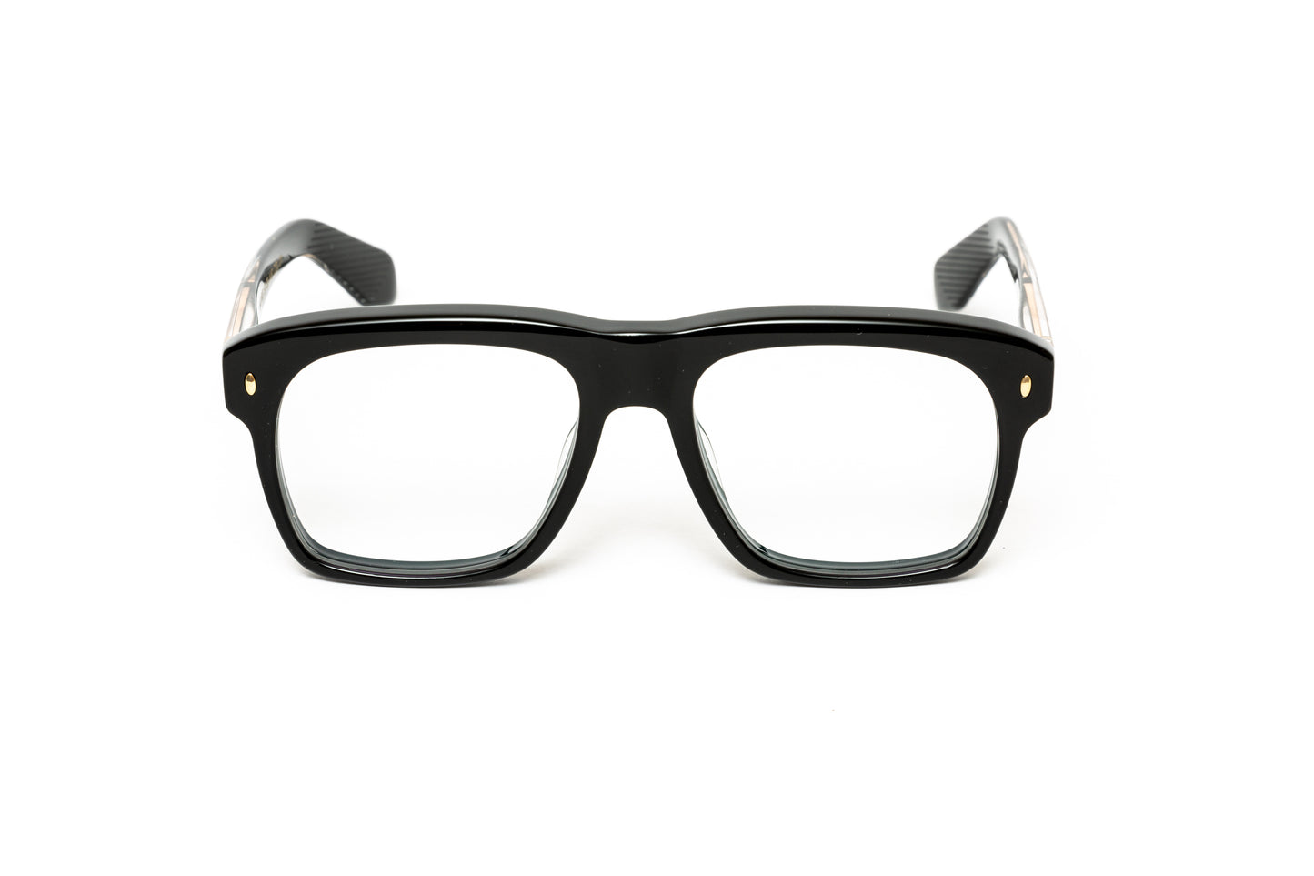 front view of men's thick acetate aviator eyeglasses with 18 karat gold plated rivets and wire core. 