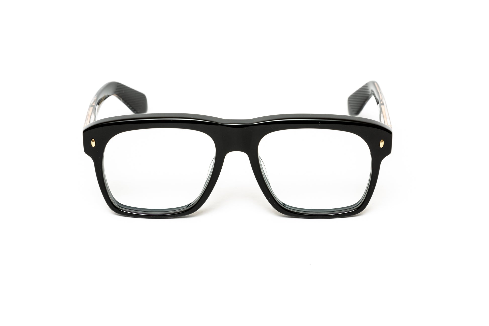 front view of men's thick acetate aviator eyeglasses with 18 karat gold plated rivets and wire core. 