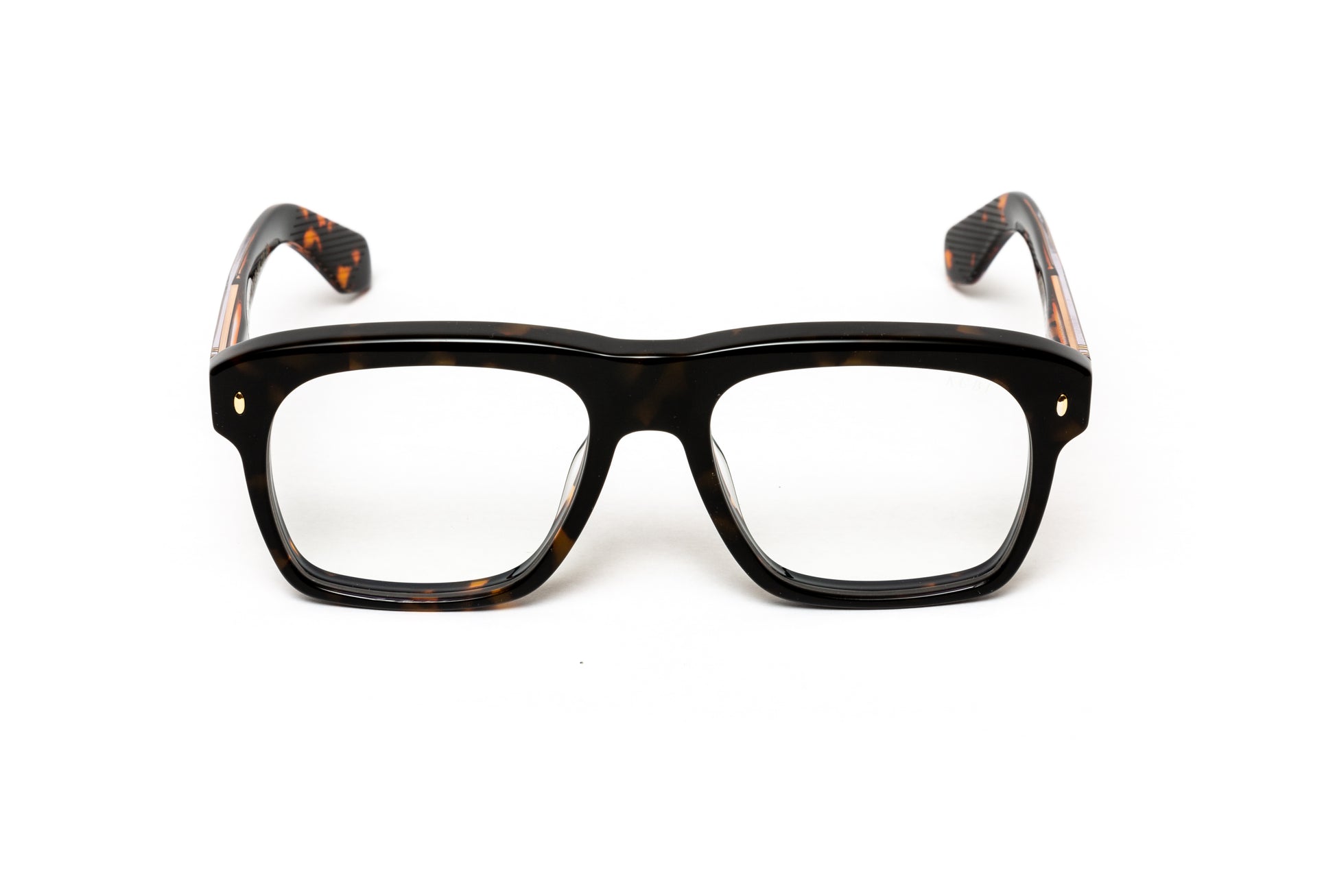 Front view of men's thick acetate eyeglasses with 18 karat gold plated hardware and wire core. Comparable to Cutler and Gross