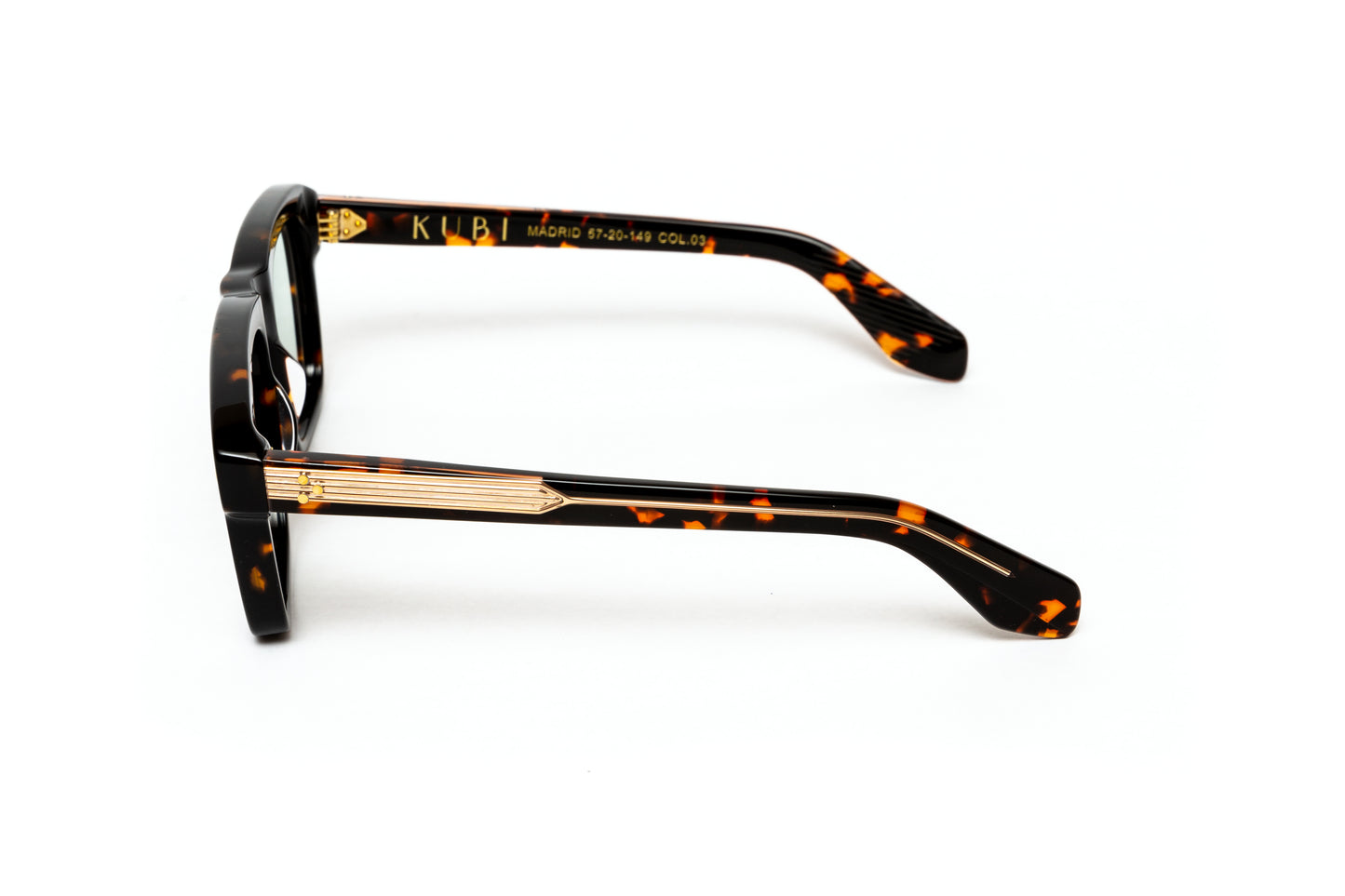 Side view of men's thick acetate eyeglasses with 18 karat gold plated hardware and wire core. Comparable to Cutler and Gross