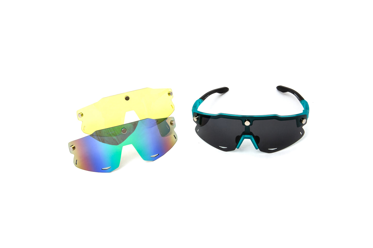 Kubi Sport 3 piece interchangeable shield sunglasses with green mirrored lenses, polarized, and yellow lenses