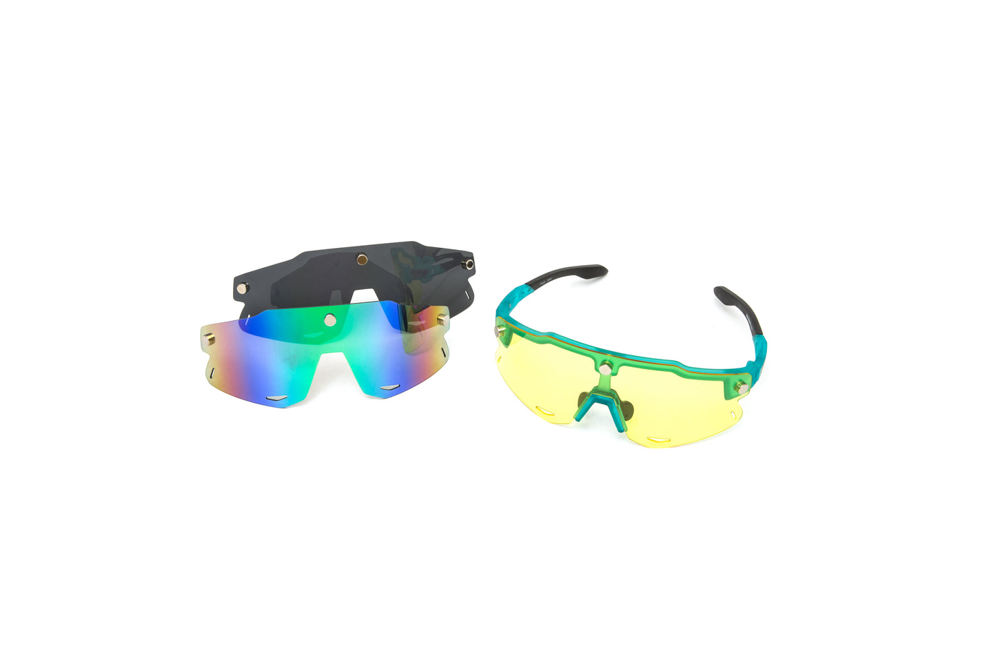 Kubi Sport 3 piece interchangeable shield sunglasses with green mirrored lenses, polarized, and yellow lenses