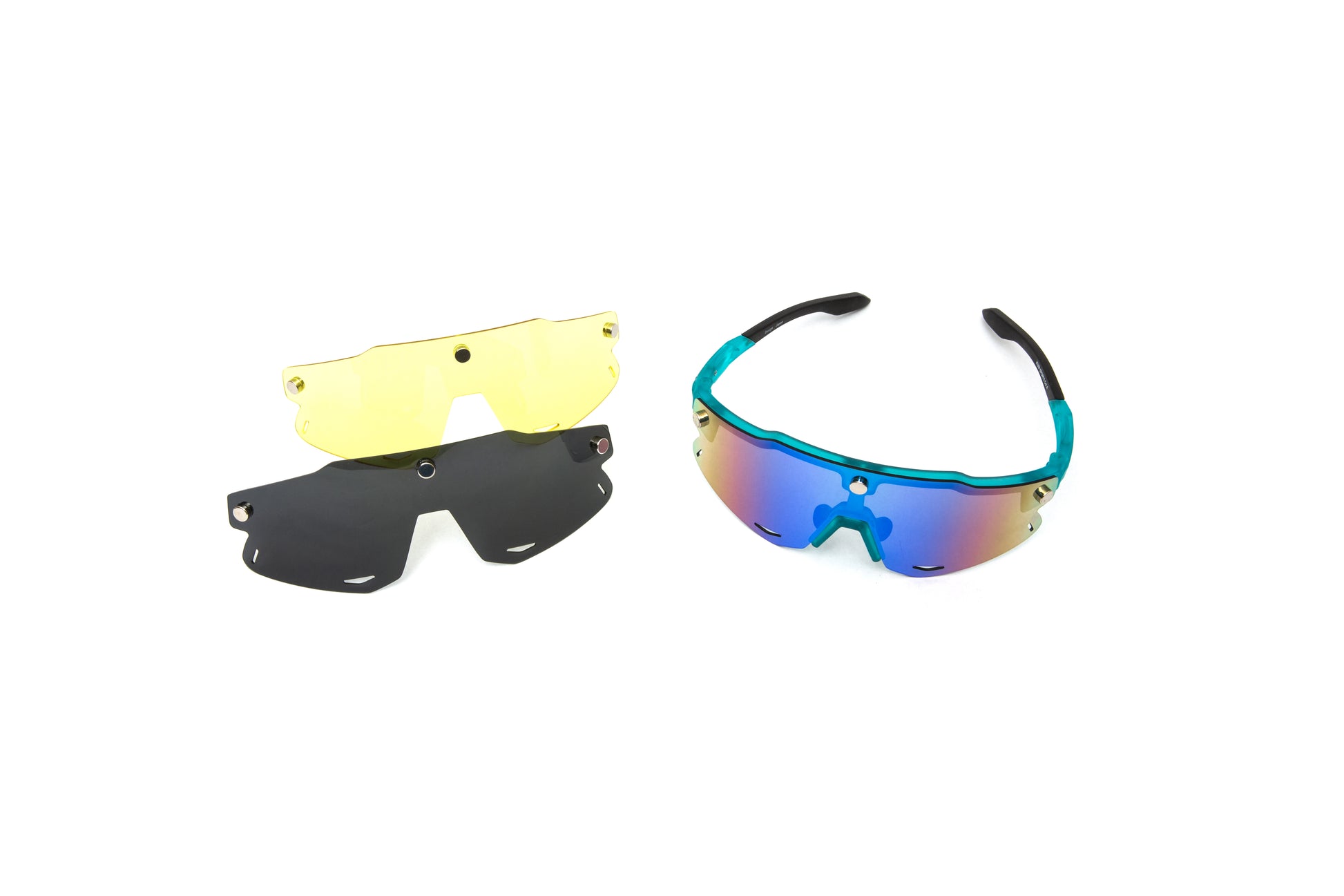 Kubi Sport 3 piece interchangeable shield sunglasses with green mirrored lenses, polarized, and yellow lenses